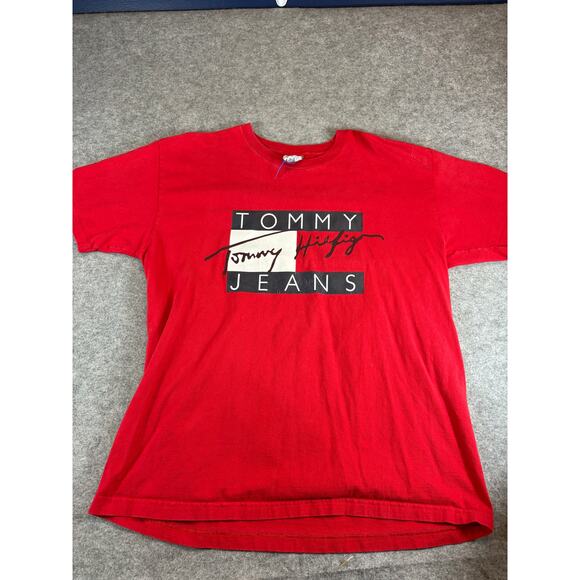 Vintage Tommy Hilfiger Tshirt Women XL Red Graphic Logo Retro Streetwear 90s Y2K - Picture 1 of 4